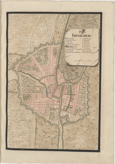 План Кенигсберга Максмилиана фон Фюрстенхофа % Plan of Kenigsberg by Maximilian von Fürstenhoff
План Кенигсберга из книги Иоганна Георга Максмилиана фон Фюрстенхофа. Коллекция планов крепостей. Часть II. Планы Италии, Венгрии, Польши и северных королевств. Бумага, тушь, золото, графит, перо, графитный карандаш, кисть. Около 1732 года. 62,5 x 45,7 см. Plan von Koenigsberg. Johann Georg Maximilian von Fürstenhoff. Sammlung von Festungsplänen. II. Planes von Italien, Ungarn, Pohlen und denen Nordischen Königreichen. Papier, Tinte, Gold, Graphit, Feder, Graphitstift, Pinsel.
Ключевые слова: Калининград,Кенигсберг