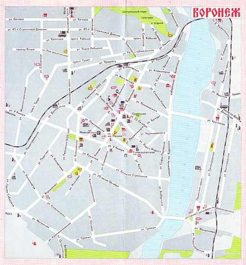 Туристическая схема Воронежа % Tourist Plan of Voronezh
Воронеж. Туристическая схема. Схема составлена и подготовлена к печати Научно-редакционным картосоставительским предприятием ГУГК СССР в 1976 году
Ключевые слова: Воронеж