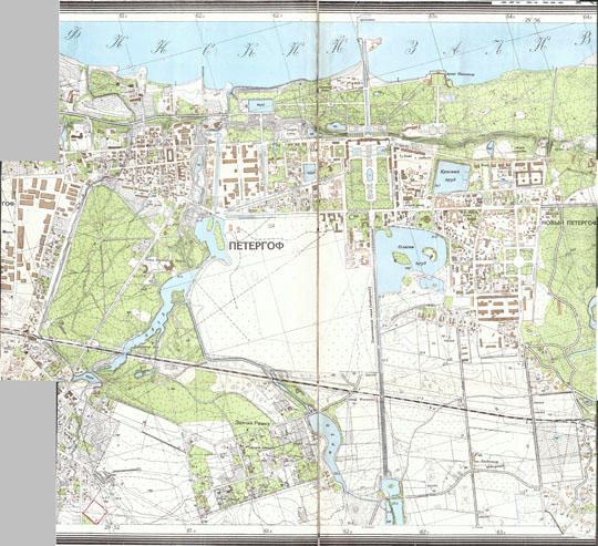 План Петергофа 1:5K % Plan of Peterhof
План г. Петергофа. Составлен и отпечатан Картографической частью ОВТС Штаба Ленинградского фронта. Издано Отделом Военно-топографической службы Штаба Ленинградского фронта. Масштаб 1:5,000.
Ключевые слова: Петергоф,карты РККА