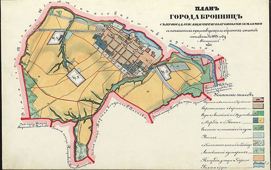 План города Бронницы  1:21K% Plan of Bronnitsy
План города Бронницы с принадлежащими ему выгонными землями и с показанием существующих оброчных статей. Составлен в 1873 году. Масштаб 1:21000. Из кн.: Планы на уездные города и посады Московской губернии. Составил Надворный советник Тодт. 
Ключевые слова: Подмосковье,Бронницы