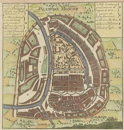 Plan de Moscow 1:72K
Carte de Gouvernement Civil et Eclesrastique de Moscovie, l Etat des revenus et l Ordre de la Justree et des Officiers de la Cour (Таблица гражданского и духовного управления Московии, состояния доходов, а также приказов судебного и боярского). Грав. / меди 347 х 450 (по доске). Масштаб (усл.) 1 : 72 000; 1 см = 720 м. В книге: Gueudeville. Atlas historique ou nouvelle introduction a l Histoire a la Chronologie & a la Geographie Ancienne & Moderne. (Исторический атлас или новое введение в историю, хронологию и древнюю и новую географию). T. IV. Amsterdam, Zach. Chatelain, 1-ere ed. 1714, tabl. 35; 2-de ed. 1735, tabl. 31. 
Ключевые слова: французские карты
