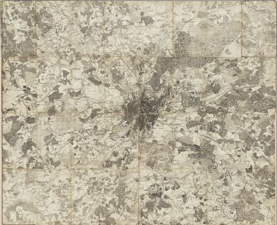 Москва и окрестности 1:42K%Topographic map of vicinities
Топографическая карта окрестностей Москвы / Испр. по новейшим сведениям и грав. при Воен.-топогр. депо; Грав.: Копьев и Сорокин; Вырез. слова Шишкин. - Испр. офицерами Ген. Штаба в 1852 г. и чинами Воен.-топогр. депо в 1856 г. - [1:42000], 500 саж. в дюйме. - [СПб.]: Воен.- топогр. депо, [1856]. - 1 к.; 156x156 см, слож. 27x26 см. Исправления и уточнения касаются отдельных объектов, главным образом на окраинах Москвы. Имеется экземпляр этого плана с изображением рельефа отмывкой (сепия). План без заглавия, срезан со всех сторон до размера 101x117 см.
Ключевые слова: Подмосковье