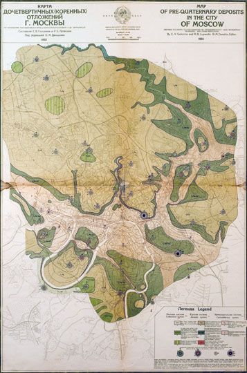 Карта дочетвертичных отложений%Map of pre-quaternary sediments
Карта дочетвертичных (коренных) отложений г. Москвы. Опубликована в альбоме: Атлас геологических и гидрологических карт города Москвы / Труды ВНИИ минер. сырья и моск. геол.-гидрогеод. треста; Отв. ред. В. С. Яблоков; Авт. карт и поясн. текста: Н. А. Корчебоков и др. - 1:25000. - М.: Всесоюз. картогр. трест, 1935 (4-я тип. ОНТИ НКТП СССР "Красный печатник"). - 1 атл., цв., карты, текст; 52x37 см. - Текст, загл., легенда парал. англ. 
Ключевые слова: гидрография,геология