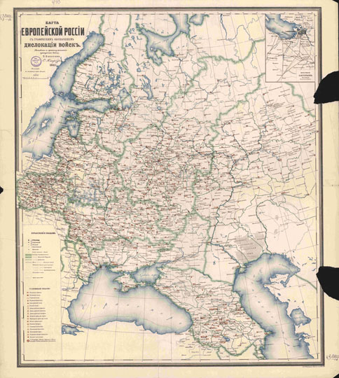 Карта Европейской России  1:4.6M% Map of European Russia
Карта Европейской России с графическим обозначением дислокации войск. Составлена по краткому расписанию сухопутных войск. П. Болотова. С. Петербург, 1903. Масштаб - 110 верст в дюйме: 1:4,620,000 
Ключевые слова: Европейская Россия