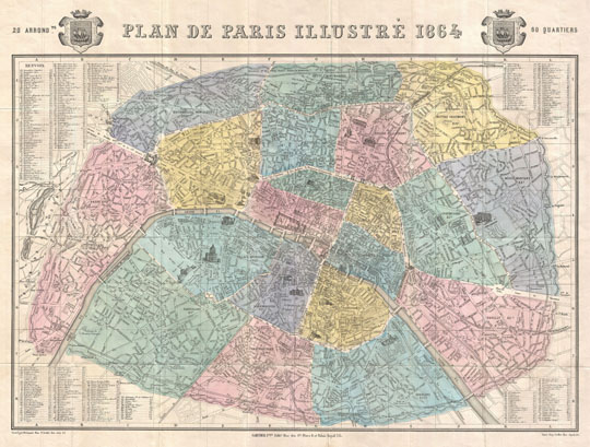 Иллюстрированный план Парижа%Illustrated plan of Paris
Иллюстрированный план Парижа. Plan de Paris Illustr, 1864. Garnier Fres Edit. Rue des Sts Peres 6 et Palais Royal 215. Paris Imp. Caillet, Rue Jacob, 45.  1864. Условная координатная сетка.
Ключевые слова: Париж,французские карты