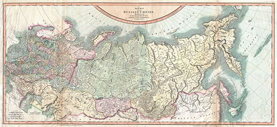 Новая карта Российской Империи %The new map of the Russian Empire
Новая карта Российской Империи, разделенной на губернии. Составил по новейшим данным Дж. Кари. Лондон, 1799г. The new map of the Russian Empire divided into Governments from the latest authorities by J. Cary, Engineer. London, August 1799.
Ключевые слова: Российская Империя,английские карты