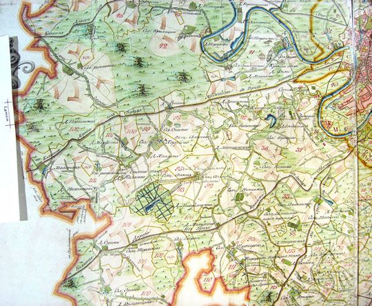 Фрагмент межевого плана - запад Москвы%Fragment of the cadaster plan - the West of Moscow
Фрагмент плана генерального межевания конца XVIII- начала XIX века. Фрагмент охватывает западную и юго-западную части города.
Ключевые слова: Подмосковье,межевание