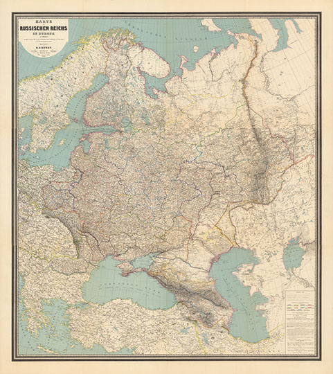 Немецкая карта Европейской части России  1:3M% German map of European Russia
Немецкая карта Европейской части России. Издание 1868 года. Сборная карта, склеенная из 6 листов. Масштаб 1:3,000,000. 133 х 116 см. Karte des Russischen reichs in Europa in 6 blattern. vorzuglich nach der 1862 von der K. Russischen geogr. Gesellschaft in St. Petersburg in 12 Bl. herausgegebene Karte bearbeitet von H. Kiepert. Berlin, Dietrich Reimer. Zweite verbesserte Auflage. 1868.(cover title) Karte des Russischen Reichs in Europa. In 6 sheets. Bearbeitet von Heinrich Kiepert. Berlin, verlag von Dietrich Reimer. 
Ключевые слова: Европейская Россия,немецкие карты