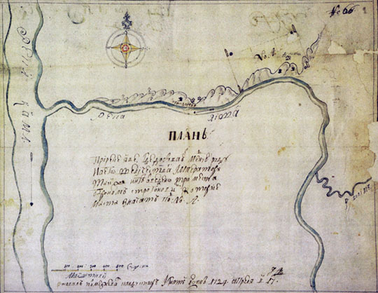 План горных работ на Яйве % Plan of mining activities on Yayva river
План горных работ на Яйве. 1724 г. И. Юдин, Пыскорский завод, Россия. Бум., тушь, акв. 60×40см. Масштаб - 100 сажен в дюйме. РГАДА, ф. 272, оп. 3, п. 2027, № 265. План при реке Яйве где добывают медную руду на Его Величества Императора также и ныне отведено три места Бароном Строгановым которые места значат под № А. Рисовал и отмежевал кондуктор Игнатей Юдин 1724 апреля в 17 день.
Ключевые слова: Пермский край