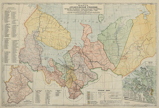 Карта Архангельской губернии и севера страны 1:2.1M %Map of Arkhangelsk gubernia
Карта Архангельской губернии, Мурманской губернии, Кемского уезда Корельской Труд. Коммуны Печорско-Ижемского уез. Области Зырян — Коми. Карта составлена в 1922 году топографами картографической части УБЕКО север при участии Арх. губстатбюро. Издание Архангельского Губ. Экомном. Совещания. Масштаб 1 : 2 100 000. На врезках - карты Шенкурского уезда и карта дельты реки Северной Двины
Ключевые слова: Архангельск,Мурманск