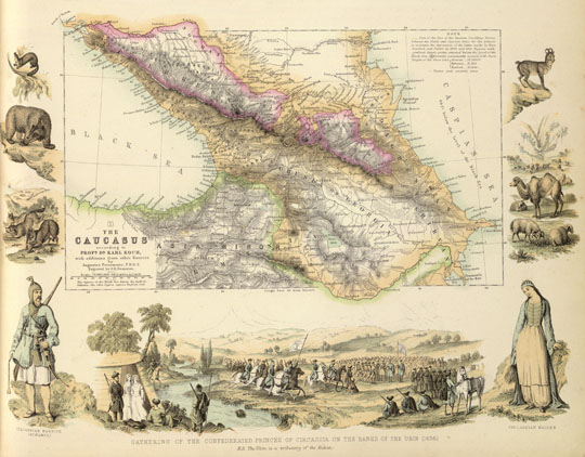 Карта Кавказа  1:5M% The Caucasus according to Karl Koch
Карта Кавказа по материалам профессора Карла Коха. Нижняя часть листа с картами Крыма и Кавказа. The Caucasus according to prof. Dr. Karl Koch with additions from Sources by Augustus Petermann, FRGS. Engraved by G.H. Swanson. Масштаб 1:5,000,000.
Ключевые слова: Краснодар,английские карты