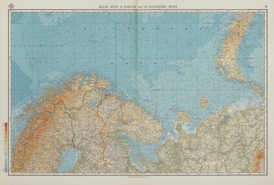 Белое море и южная часть Баренцева моря %White sea and souhthern part of Barents sea 
Белое море и южная часть Баренцева моря. Масштаб 1:3,000,000 на параллели 68 градусов. Из кн: Морской Атлас. Том 1. Издание Морского генерального штаба, 1950
Ключевые слова: Белое море,атласы,Морской атлас