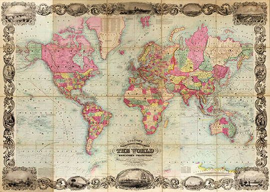 Карта мира в проекции Меркатора % Colton illustrated map of the world on Mercator projection
Карта мира в проекции Меркатора издания Колтона. 1854г. 118 x 176 cm. Colton's illustrated & embellished steel plate map of the world on Mercator's projection : compiled from the latest & most authentic sources exhibiting the recent Arctic and Antarctic discoveries & explorations.
Ключевые слова: американские карты