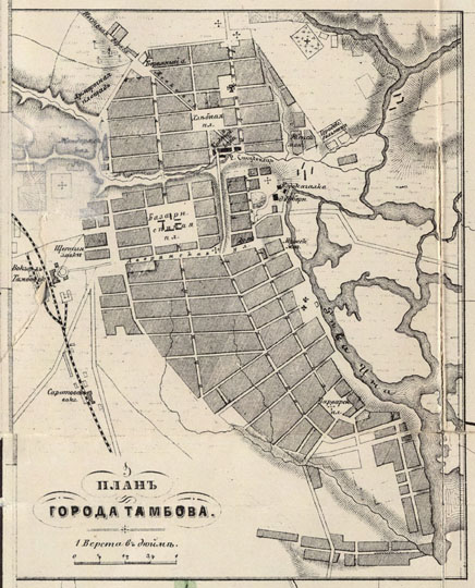 План Тамбова  1:42K% Map of Tambov
План города Тамбова. Масштаб 1 верста в дюйме. План размещен на врезке карты Тамбовской Губернии. 
Ключевые слова: Тамбов