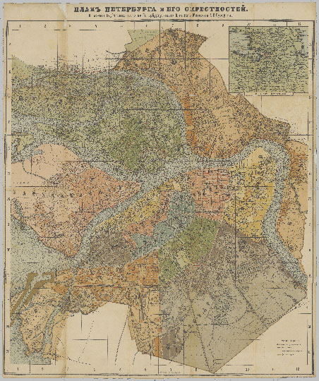 План Петербурга и его окрестностей %Plan of Peterburg and vicinity
План Петербурга и его окрестностей. 68 х 61 см, по листу 73 x 61 см. Приложение к Путеводителю по Петербургу издания Книжного магазина А. С. Суворина. Издание около 1914 года.
Ключевые слова: Санкт-Петербург