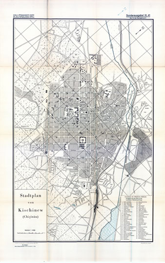 Немецкий план Кишинева  1:10K% German plan of Kishinev
Немецкий план Кишинева. Масштаб 1:10,000. Stadtdplan von Kishinew (Chinstau). Hergestelit im Reichsamt fur Landesaufnahme, Berlin,  1941. Sonderausgabel III, 41.
Ключевые слова: Кишинев,Молдавия,немецкие карты