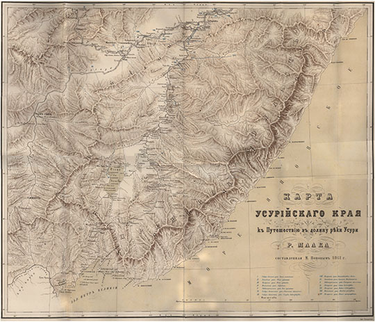 Карта Уссурийского Края 1:2.1М % Map of Ussuri region
Карта Усурийского Края к Путешествию в долину реки Усури Р. Маака составленная М. Поповым в 1861 году. Масштаб - 50 верст в дюйме.
Ключевые слова: Владивосток,Хабаровск,Дальний Восток