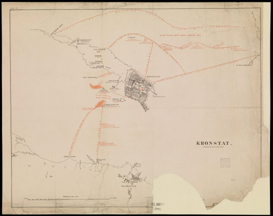 Английский план Кронштадта  1:39K% British plan of Kronstadt
Английский план Кронштадта. Масштаб 1:39,500. Издание около 1854 года.
Ключевые слова: Кронштадт,Ораниенбаум,английские карты