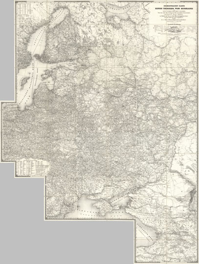 Карта Европейской России  1:400K% Map of European Russia
Австрийское издание Военной Карты Европейской России и прилегающих государств, разработанной под руководством Ф.Ф. Шуберта. Сборная карта, составленная из 16 листов. Общий размер 246 х 175 см. Масштаб 1:400,000. Вена, 1837г.  Kriegsstrassen Karte eines Theiles von Russland und der angraenzenden laender; nach der unter der Leitung des Russ. kaiserlichen Generalstabes vom General Major Schubert im Masstabe von 1/1680000 im Jahre 1829 herausgegebenen Karte auf das Mass von 1/1400000 vergrossert, von dem k.k. osterr. Generalquartiermeist erstabe herausgegeben im Jahre 1837. 
Ключевые слова: Европейская Россия,карты Шуберта
