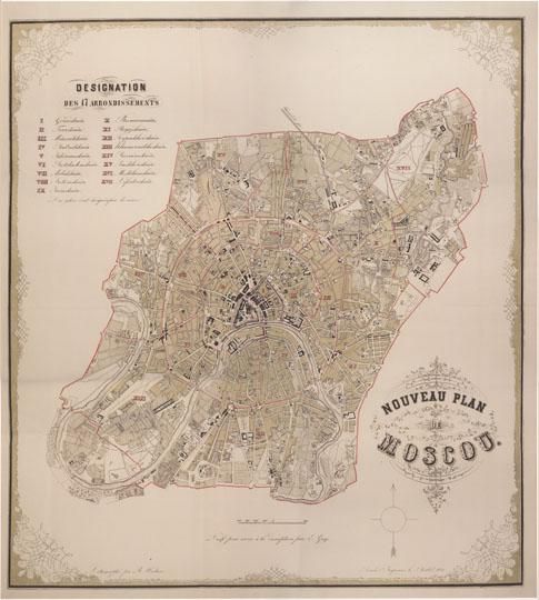 Nouveau Plan de Moscou 1:26K
Nouveau plan de Moscou  / Dresse pour servir a la description par E. Gay; Lithographie par R. Waehner. - [1:26600], [133 саж.] в 1 см. - S.l., 1856. - 1 к.: трехцв.; 67x64 см. План составлен в границах Камер-Коллежского вала. Дан список номеров и названий частей города. На плане отмечены номера частей города и их границы.
