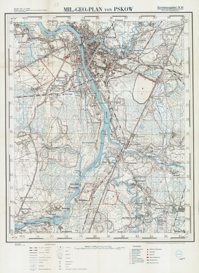 Немецкая карта окрестностей Пскова 1:25K%German map of Pskov
Немецкая карта Пскова и окрестностей, 1941 год. Mil.-Geo.-Plan von Pskow. Масштаб 1:25000, Источник: Русские карты масштаба 1:50000.
Ключевые слова: Псков,немецкие карты