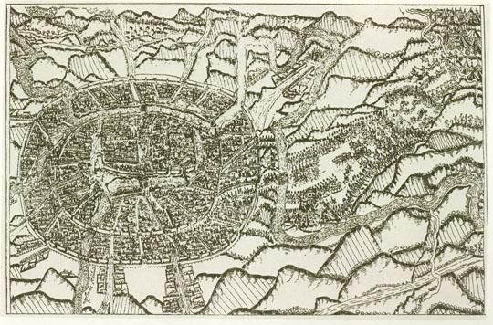План Исаака Массы II %Isaak Massa Plan II
Dit is delenendige Afbeetoinge der stat mosco met hare mucron en Rivieren. (Это есть верное изображение города Москвы с ее стенами и реками). Сост. Isaac Massa. Mosc. 1606. Литография. 363X514; 290X380. Масштаб (усл.) 1:47 000; 1 см = 470 м.
В книге: Сказания Массы и Геркмана о смутном времени в России. Спб., 1874. Приложение II.

Ключевые слова: Исаак Масса