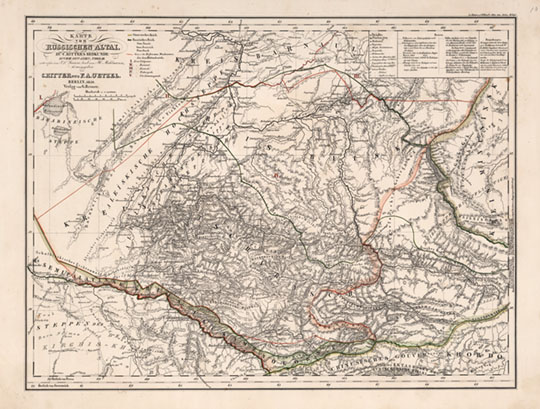 Карта Алтая в Атласе Азии  1:1.5M% Map of Altay
Карта Алтая в Атласе Азии. Масштаб 1:1,1,500,000. 37 х 47 см. Karte vom Russische Altai. Atlas von Asien in Zwanzig Blaettern, Zu C. Ritter's Allgemeiner Erdkunde, II. Abtheilung. Entworfen und bearbeitet von J.L. Grimm und H. Mahlmann, herausgegeben von C. Ritter und F.A. O'Etzel. I. Lieferung. Berlin, Verlag von G. Reimer. 1840. (Atlas of Asia). 
Ключевые слова: Барнаул,Алтай,атласы,немецкие карты