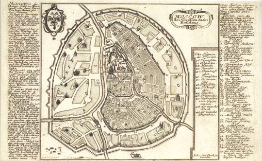 План Олеария v.3 1:67K%Oleary Plan v.3
MOSCOW des Grossen Zaars Residenz. (Москва — резиденция великого царя). Грав. и изд. G. Bodenehr. Грав./меди. 152х253 (по доске). Масштаб (усл.) 1:67 000; 1 см = 670 м. В альбоме: G. Bod en eh г. Force d Eurone oder Die Merckwürdigst und Fürnehmste meistenteils auch ihrer Fortification wegen Berühmteste Staette. Vestungen, Seehaefen, Paesse, Camps de Bataille in Europa ...in 200 Grundrissen... (Мощь Европы или замечательнейшие и важнейшие, по преимуществу своими укреплениями, города, крепости, морские гавани горные проходы, поля сражений Европы... в 200 рисунках). Augsburg, G. Bodenehr, [171.]. л. 117.Уменьшенная копия плана Олеария.
Ключевые слова: план Олеария