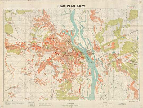 Немецкий план Киева  1:25K% German plan of Kiev
Немецкий план Киева. Масштаб 1:25000. Издание 1943 года. Аэрофотосъемка Luftwaffe, август 1941 Дополнено с использованием советских карт 1:25000 M-36-49-D-b (1932), M-36-49-D-d (1932), M-36-50-C-a (1932), M-36-50-C-c (1932), 1:50000 M-36-50-B, Украинских планов 1:2000, 1:1000  Stadtplan Kiew.
Ключевые слова: Киев,немецкие карты