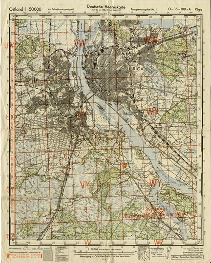 Немецкая карта города Риги  1:50K% German map of Riga
Немецкая карта города Риги. Масштаб 1:50,000. Deutsche Heerskarte, Ostland 1:50000. O-35-109A, Riga, 1944.
Ключевые слова: Рига,немецкие карты