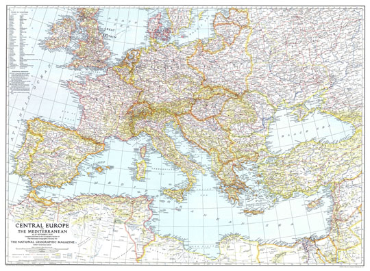 Центральная Европа 1:5M % Central Europe
Карта Центральной Европы и Средиземноморья. Central Europe and Mediterranean as of September 1, 1939. Compiled and Drawn in the Cartographic Section of The National Geographic Society for The National Geographic Magazine. Washington, October 1939. Масштаб 1:5,000,000.
Ключевые слова: Европа,американские карты