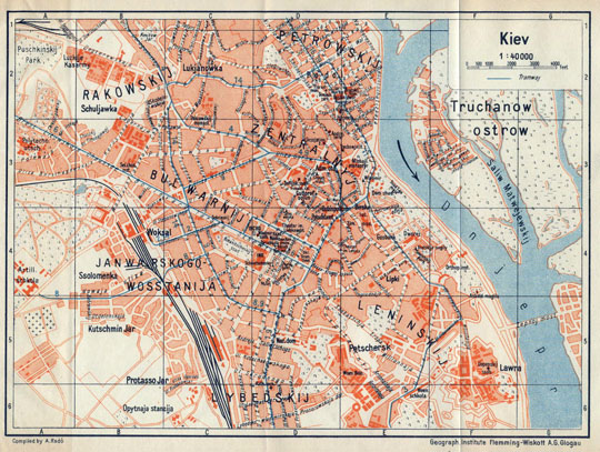 План Киева  1:40K% Map of Kiev
План Киев. Kiev. Масштаб 1:40000. Compiled by A.Rado. Geograph. Institute Flemming-Wiskoff A.G. Glogau. Условная координатная сетка. Из кн. Guide a Travers l Union Sovietique.
Ключевые слова: Киев,немецкие карты