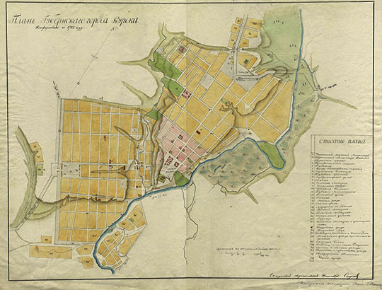 План Губернского города Курска  1:12K% Plan of Kursk
План Губернского города Курска. Масштаб - 150 сажен в английском дюйме. Состояние местности - около 1825 года, план конфирмован в 1782 году.
Ключевые слова: Курск
