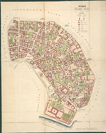 План Мясницкой части издания Хотева  1:3K% Plan of Mysnitskaya part by Khotev
План Мясницкой части. В сб.: Атлас столичного города Москвы  / Сост. А. Хотевым. - 1:3350, 40 саж. в дюйме. - М., 1852-1853 (Тип. Ведомостей Моск. гор. полиции). - 1 атл. (65 л. к.); 49x60 см + Прил. (184 с.; 35x25 см). - Загл. прил.: Алфавитный указатель к плану столичного города Москвы, сост. А. Хотевым.
