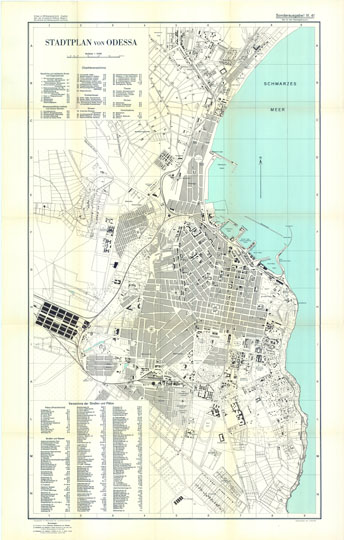 Немецкий план Одессы % German plan of Odessa
Немецкий план Одессы. Stadtplan von Odessa. III.41. Масштаб 1:15000. Условная координатная сетка. На врезке - перечень основных объектов города.
Ключевые слова: Одесса,немецкие карты