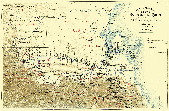 Военно-историческая карта Северо-восточного Кавказа 1:840К %Historical map of North-East  Caucases
Военно-историческая карта Северо-восточного Кавказа с обозначением крепостей, укреплений, городков, редутов, фельдшанцев, оборонительных и сторожевых башен, постов и кордонных линий, устроенных русскими войсками с 1569 года до окончания Кавказской войны и с указаниями времени их постройки и упразднения. Масштаб - 20 верст в дюйме. Составлена Е.Д.Фелицыным. Из кн.:Исторический очерк кавказских войн от их начала до присоединения Грузии
Ключевые слова: Грозный,Кавказ