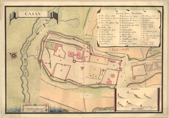 Шведский план Казани%Swedish Plan of Kazan
План Казани из Королевского военного архива (Krigsarkivet), входящего в Шведский Национальный архив (Riksarkivet). Ryssland. Kazan. Casan. 45х67 см. Датируется приблизительно серединой XVIII века. На врезке - обозначения основных объектов.
Ключевые слова: Казань