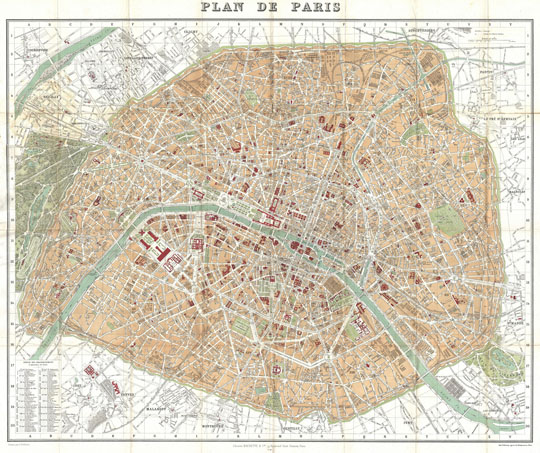 План Парижа%Map of Paris
План Парижа. Plan de Paris. Librarie Hachette & Cie. 79, Boulevard Saint Germain, Paris, 1892. Dresse par A. Vuillemin. Условная координатная сетка.
Ключевые слова: Париж,французские карты