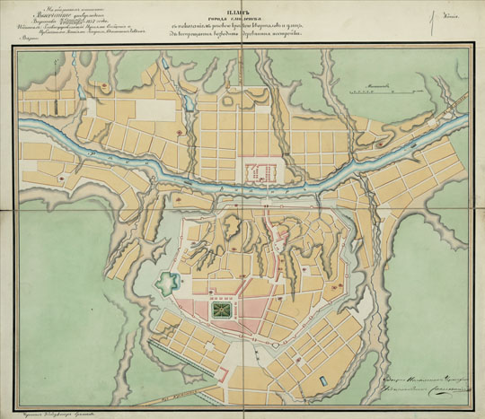 План Смоленска  1:8K% Map of Smolensk
План г. Смоленска. Фонд: Техническо-строит. ком-т. Чертежи и планы. План города Смоленска с показанием розовою краскою кварталов и улиц, где воспрещается возводить деревянные постройки. Масштаб: в одном английском дюйме 100 саженей. Копия. 1857 г. [Дело]. - 1857. - 1 лист. - (Фонд Техническо-строительного комитета МВД. Опись № 165. Смоленская губ.). РГИА. Ф. 1293. Оп. 165. Д. 394. Источник: ПБ - 93351.
Ключевые слова: Смоленск