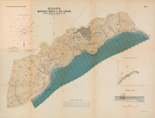 План морского берега у дер. Алупки  1:5K% Plan of seashore near Alupka
План морского берега у дер. Алупки с нанесением порта-убежища для каботажных судов и лодок (по изысканиям 1898г.) Масштаб в 0,02 саж. 100 саженей - 1:5,000. Из кн.: Министерство Торговли и Промышленности. Труды Отдела Торговых Портов. Вып. XXVIII. Лист 5.
Ключевые слова: Алупка