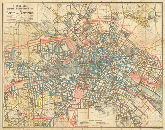 План Берлина с предместьями 1:20K%Map of Berlin with suburbs
План Берлина с предместьями. Kiessling Neuer Radfahrer-Plan von Berlin mit Vororten, 1904. Масштаб 1:20,000. 64x50см.
Ключевые слова: Берлин,немецкие карты