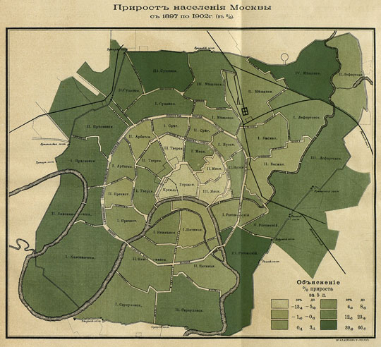 Прирост населения Москвы % Growth of Moscow population
Прирост населения Москвы с 1897 по 1902 г. по переписи 1902 г. Из кн.: Главнейшие предварительные данные переписи г. Москвы 31 января 1902 г. / Сост. Стат. отд. Моск. гор. управы. Вып. 1. Лит. А.П. Коркина в Москве.
