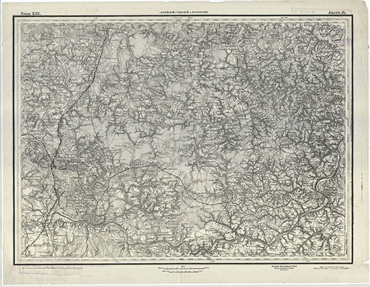 Калужская губерния 1:126К %Kakuga gubernia 
Калужская губерния. Ряд XIII, Лист 14 Военно-Топографической карты Европейской России. Масштаб 1:126000. Железные дороги нанесены по съёмке 1878 и 1901 годов. Печатано в сентябре 1920г. 
Ключевые слова: Калуга,Алексин,карты Шуберта