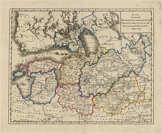 Северо-западные губернии Российской империи % North-westl part of the Russian Empire
Карта Губерний Финляндской, Санктпетербургской, Новгородской, Эстляндской, Лифляндской, Псковской и Тверской. - [1: 3 360 000] Из кн.: Атлас Российской Империи по новейшему разделению на губернии и области, Сочиненнoй при Главном Училищ Правлении для употребления в Губернских Гимназиях1807 года. - Б.м., 1807. - 1 атл. (14 карт) : раскраш. от руки границы губерний и уездов; 36х25 см.
Ключевые слова: Атласы,Атлас 1807,Санкт-Петербург,Псков,Тверь,Эстония,Латвия