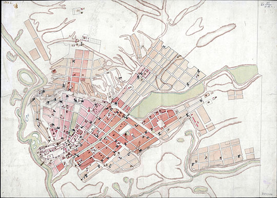 План города Казани % Plan of Kazan
План города Казани. Составлен в 1805-1806 годах.  Рукописная и раскрашенная графика.  
Ключевые слова: Казань