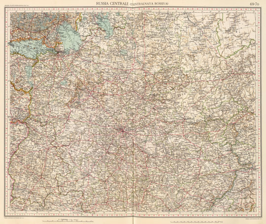 Центральная Россия 1:3M % Russia Centrale
Центральная Россия. Russia Centrale. p.69-70. 1:3000000. Из кн.: Atlante internazionale del Touring club italiano. (3. ed.). Centosettanta tavole principali, centrotrenta carte parziali e di suiluppo. Opera redatta ed eseguita nell Ufficio cartografico del T.C.I. sotto la direzione di L.V. Bertarelli, O. Marinelli, P. Corbellini. Milano: Touring club italiano. MDCCCCXXIX/VII. 
Ключевые слова: Европейская Россия