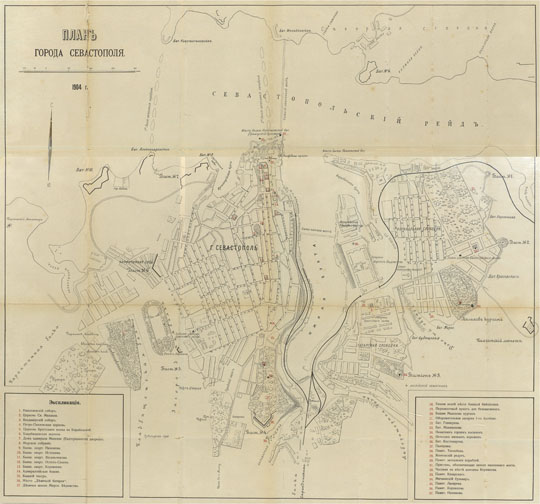 План Севастополя  1:8K% Map of Sevastopol
План города Севастополя. Масштаб - 100 сажен в дюйме. 1904г. На врезке - экспликация с обозначением основных достопримечательностей города. Из кн: А.М.Зайончковский "Исторический путеводитель по Севастополю", С.-Петербург, 1907
Ключевые слова: Севастополь