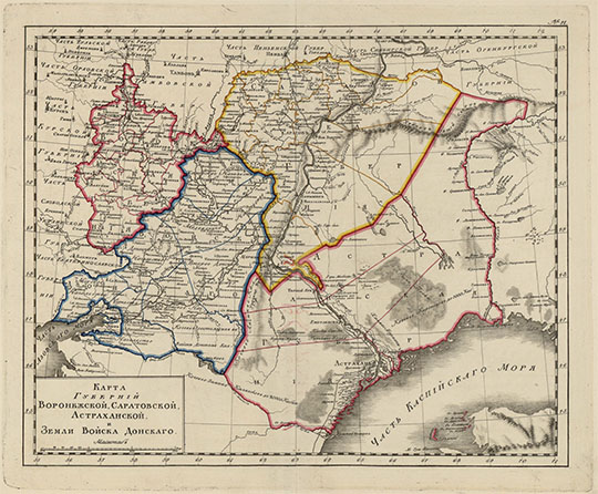 Нижне-волжские губернии Российской империи % South-Volga part of the Russian Empire
Карта Губернии Воронежской, Саратовской, Астраханской и Земли Войска Донскаго. - [1: 4 032 000]. Из кн.: Атлас Российской Империи по новейшему разделению на губернии и области, Сочиненнoй при Главном Училищ Правлении для употребления в Губернских Гимназиях1807 года. - Б.м., 1807. - 1 атл. (14 карт) : раскраш. от руки границы губерний и уездов; 36х25 см
Ключевые слова: Атласы,Атлас 1807,Воронеж,Саратов,Астрахань,Ростов-на-Дону,Царицын