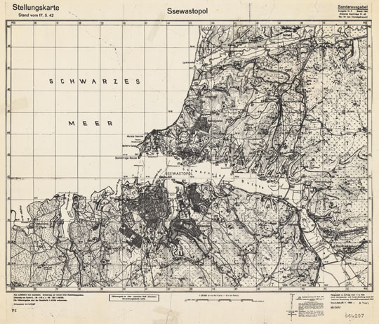 Немецкий план Севастополя  1:25K% German plan of Sevastopol
Немецкий план Севастополя. Ssewastopol. Stellungskarte. Stand vom 17.5.42. Масштаб 1:25000.
Ключевые слова: Севастополь,немецкие карты