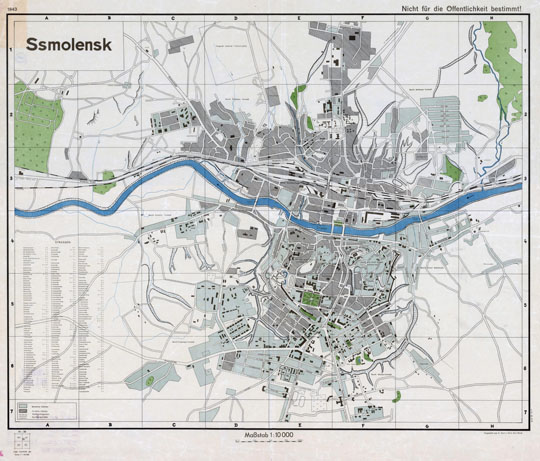 Немецкая карта Смоленска  1:10K% German map of Smolensk 
Немецкая карта Смоленска. Масштаб 1:10,000. На врезке - перечень улиц Смоленска. Ssmolensk. Hergestelit vom Kr Kart u Verm Minsk, 1943.
Ключевые слова: Смоленск,немецкие карты